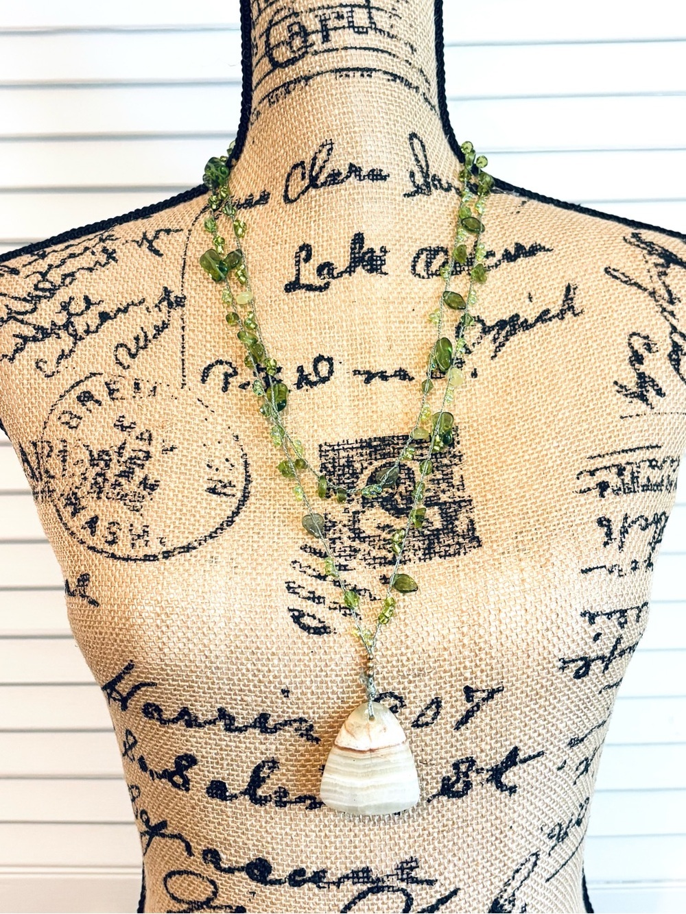 Handmade Green Glass Beaded Necklace with Large Banded Agate Pendant